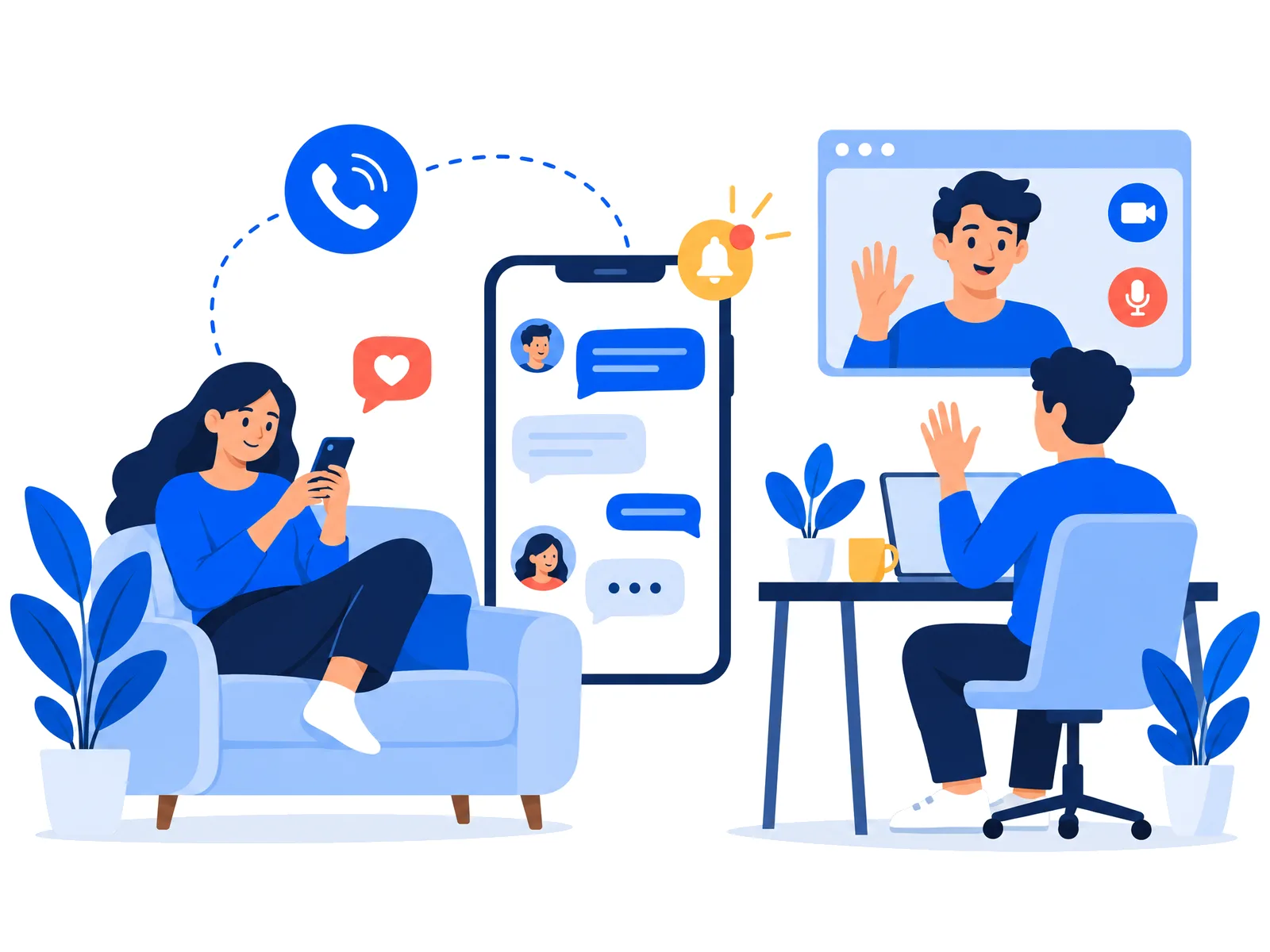 People chatting and on a video call across phone and laptop