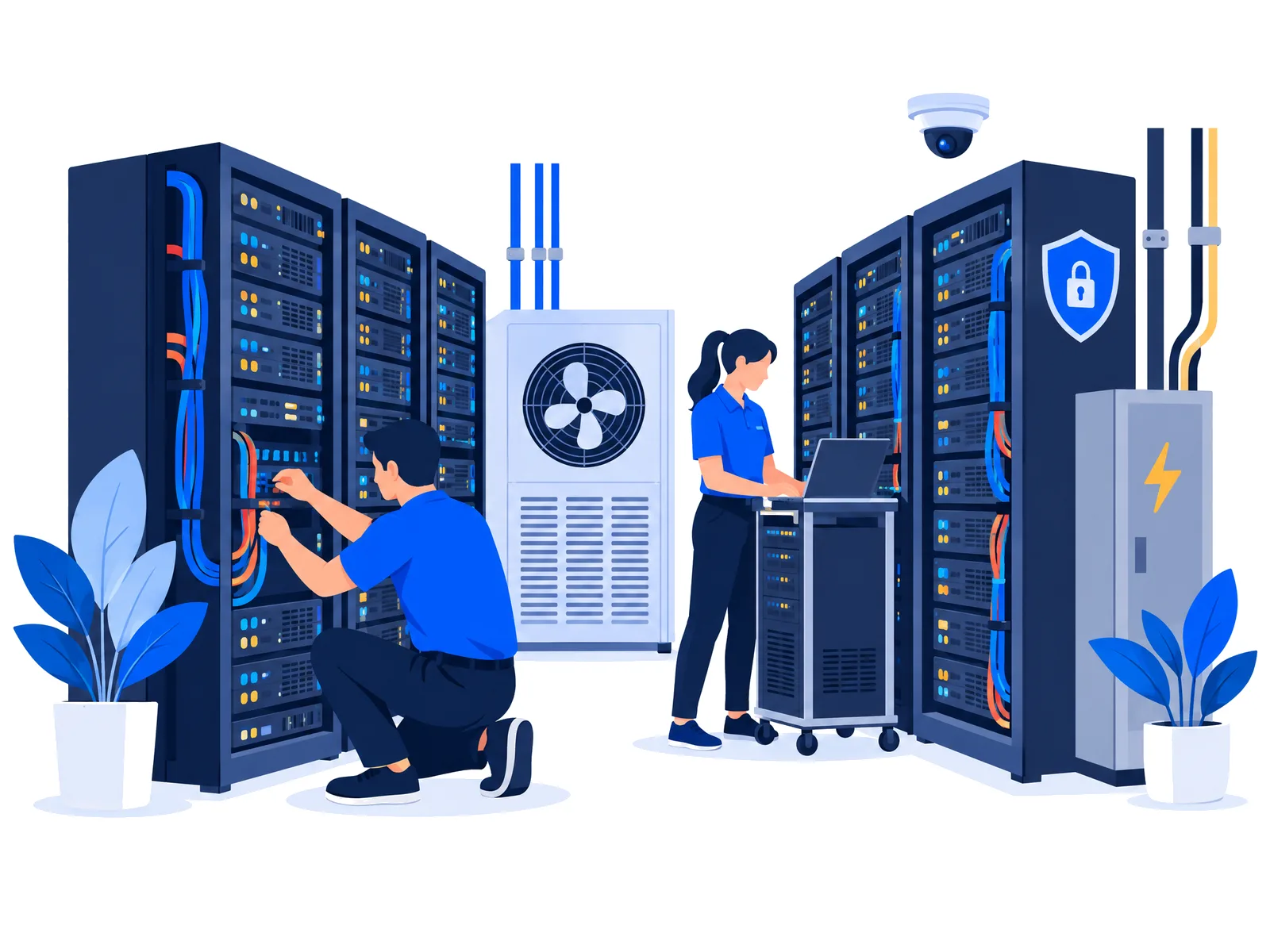 Technicians working in a data center with server racks and cooling