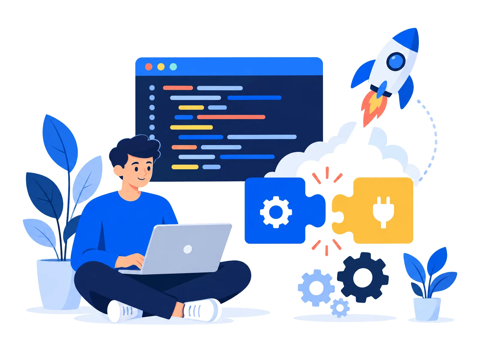A developer with a laptop, code window, API blocks and a launching rocket