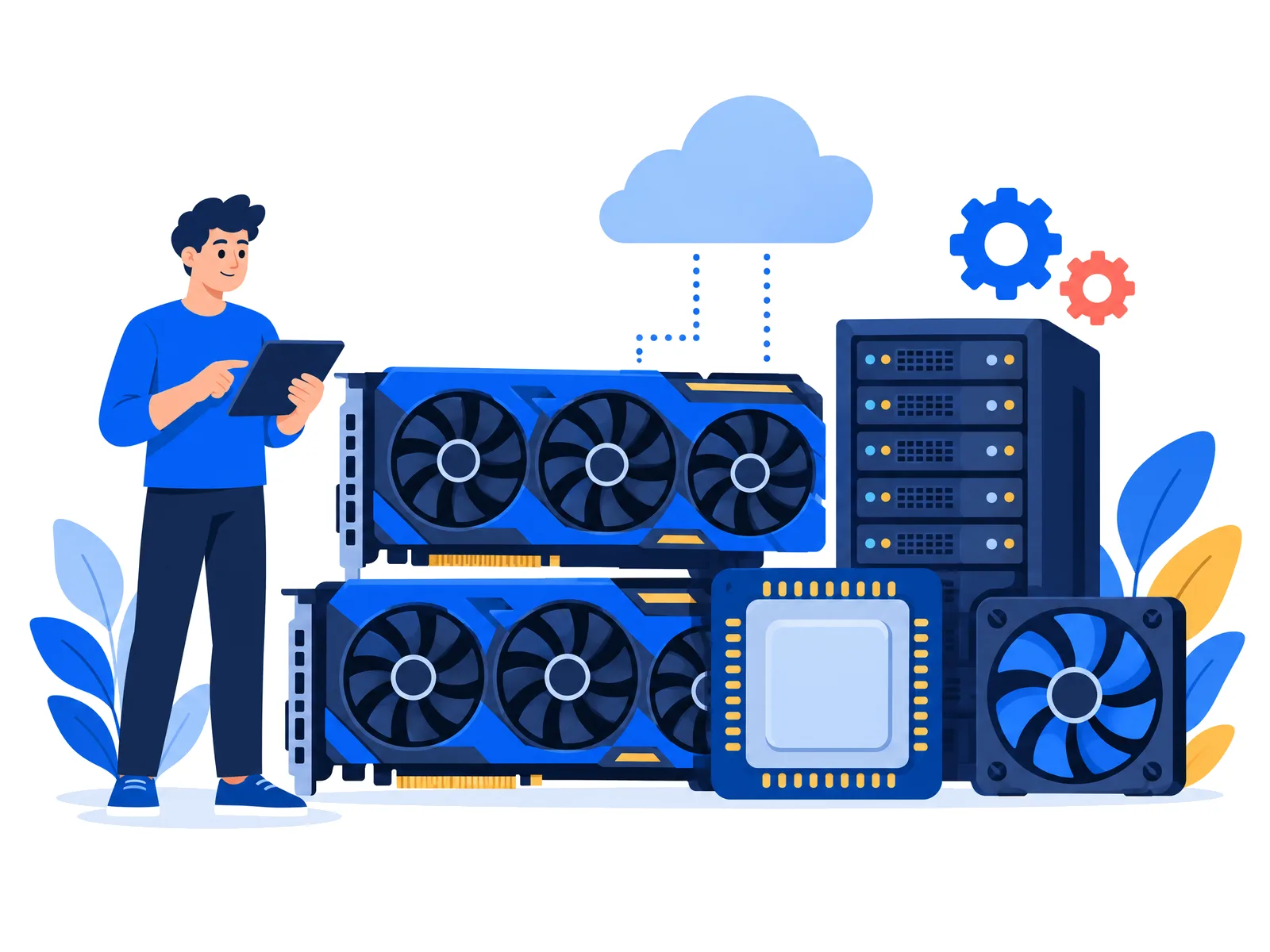 An engineer next to GPU cards, a processor and a server