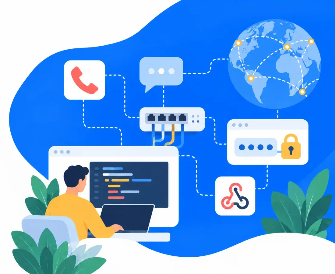 A developer writing code connected to calling, messaging, verification and webhooks