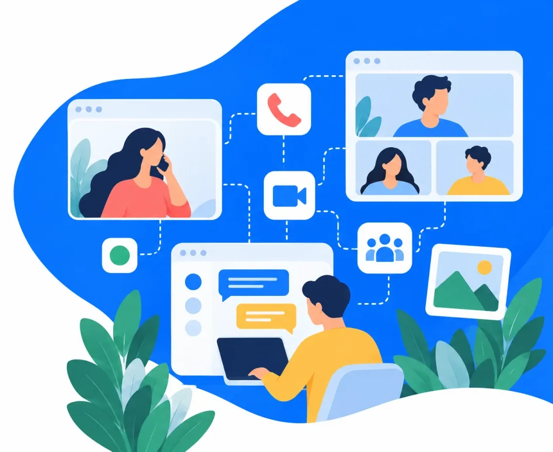 People on calls, video meetings and group chat across phone and laptop