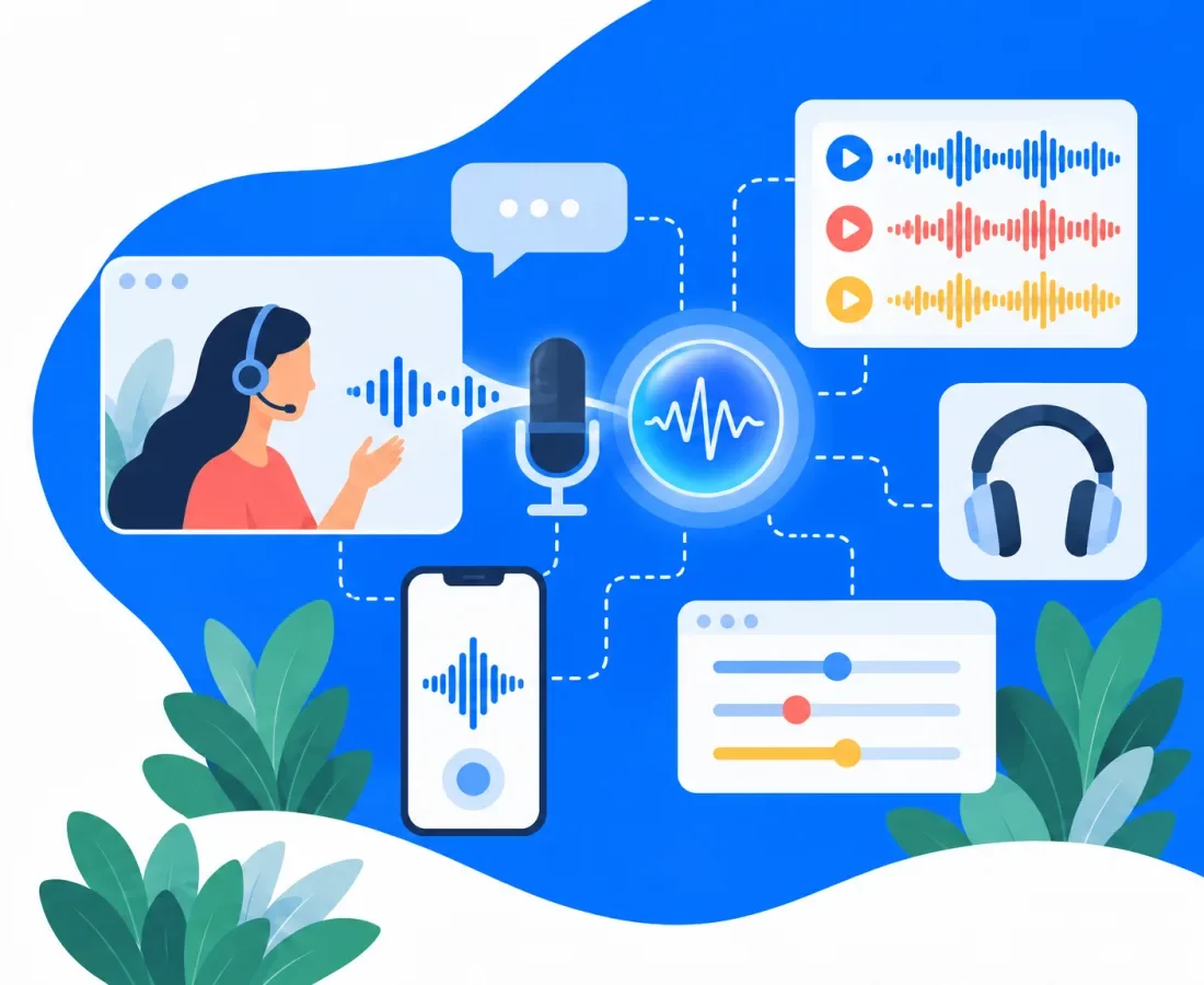 A woman with a headset speaking, with voice waveforms, a microphone and audio controls