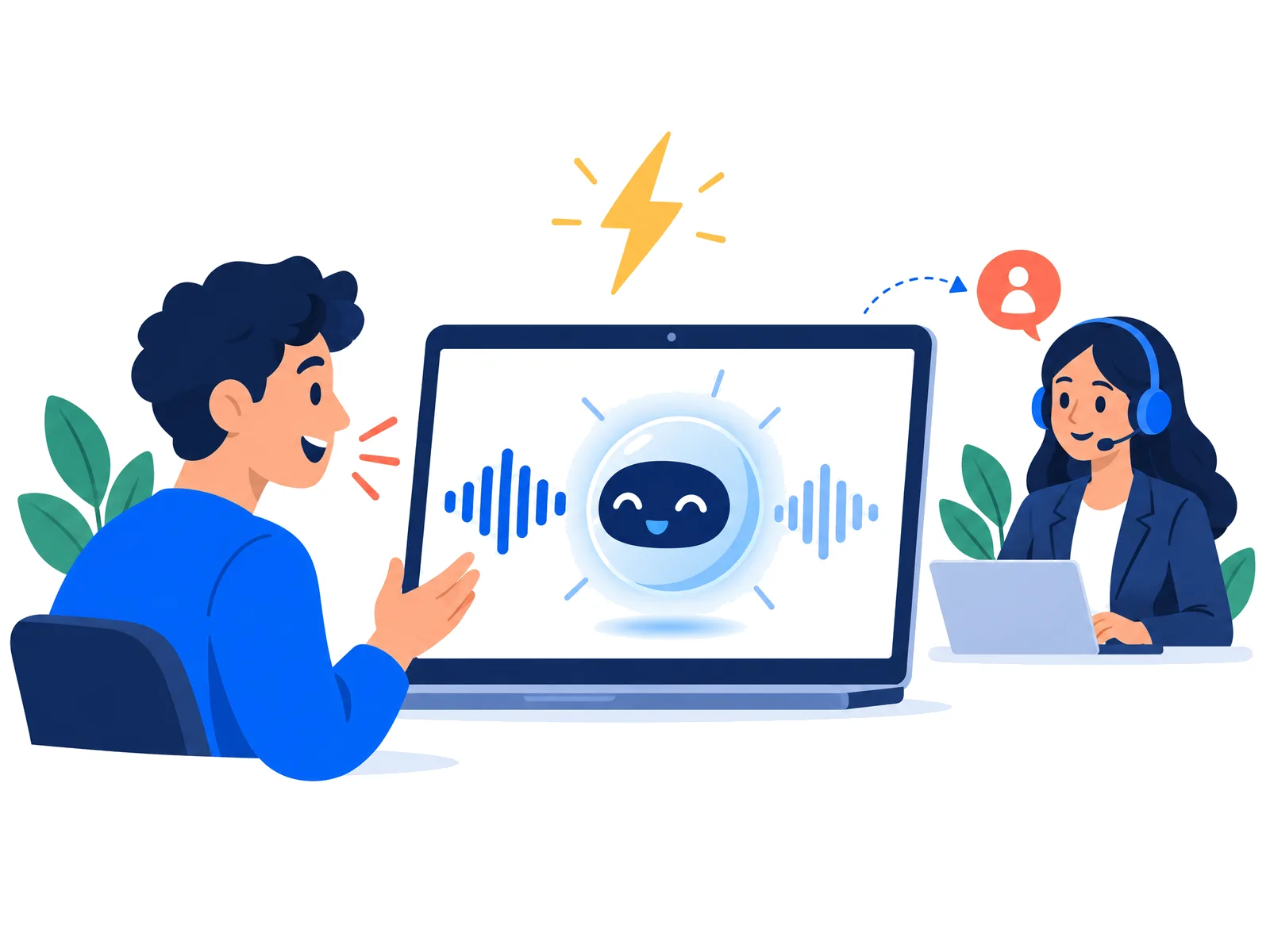 A person talking with an AI voice assistant, with a human agent ready to help