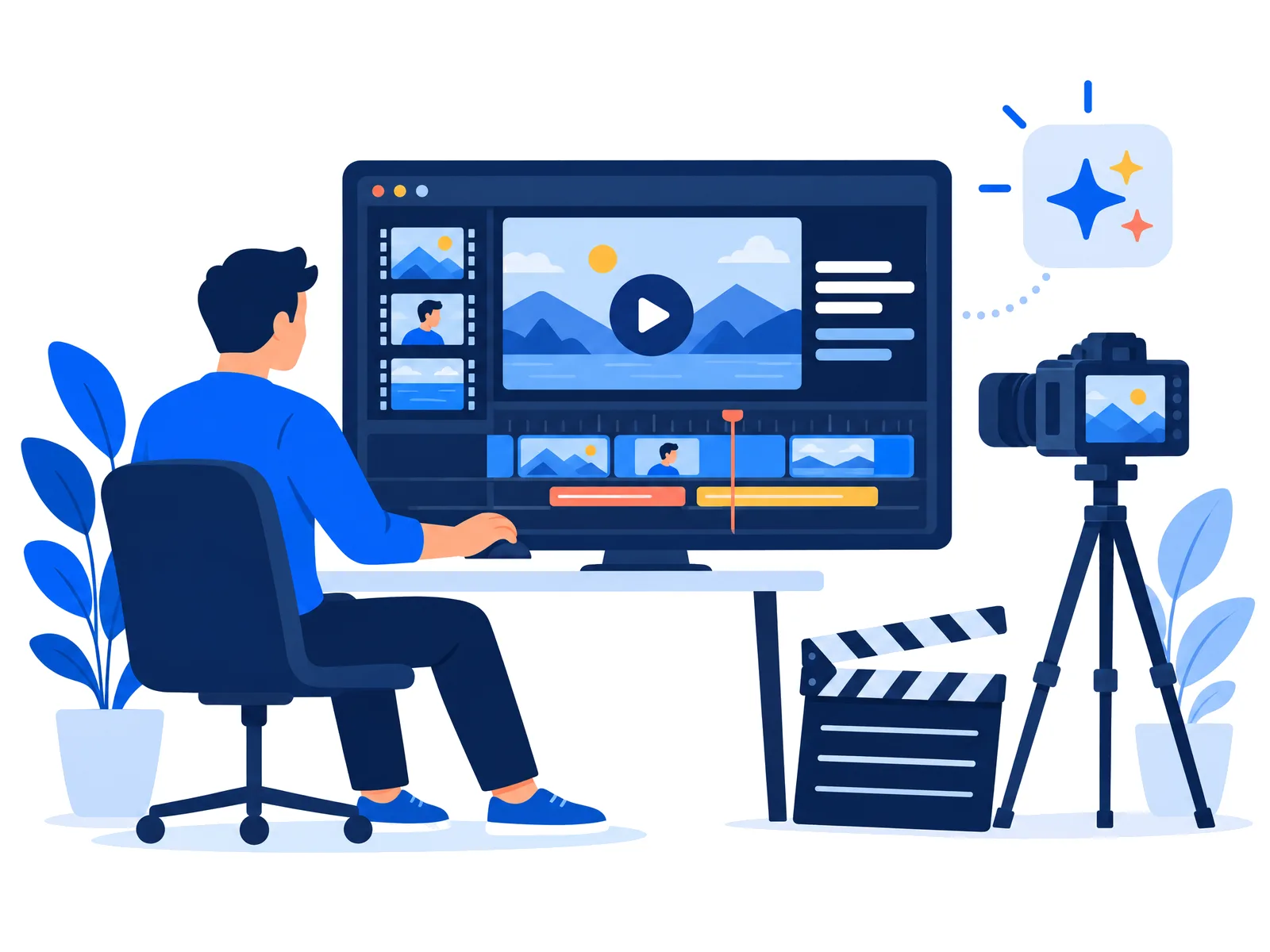 A video editor working on a timeline with a camera and clapperboard