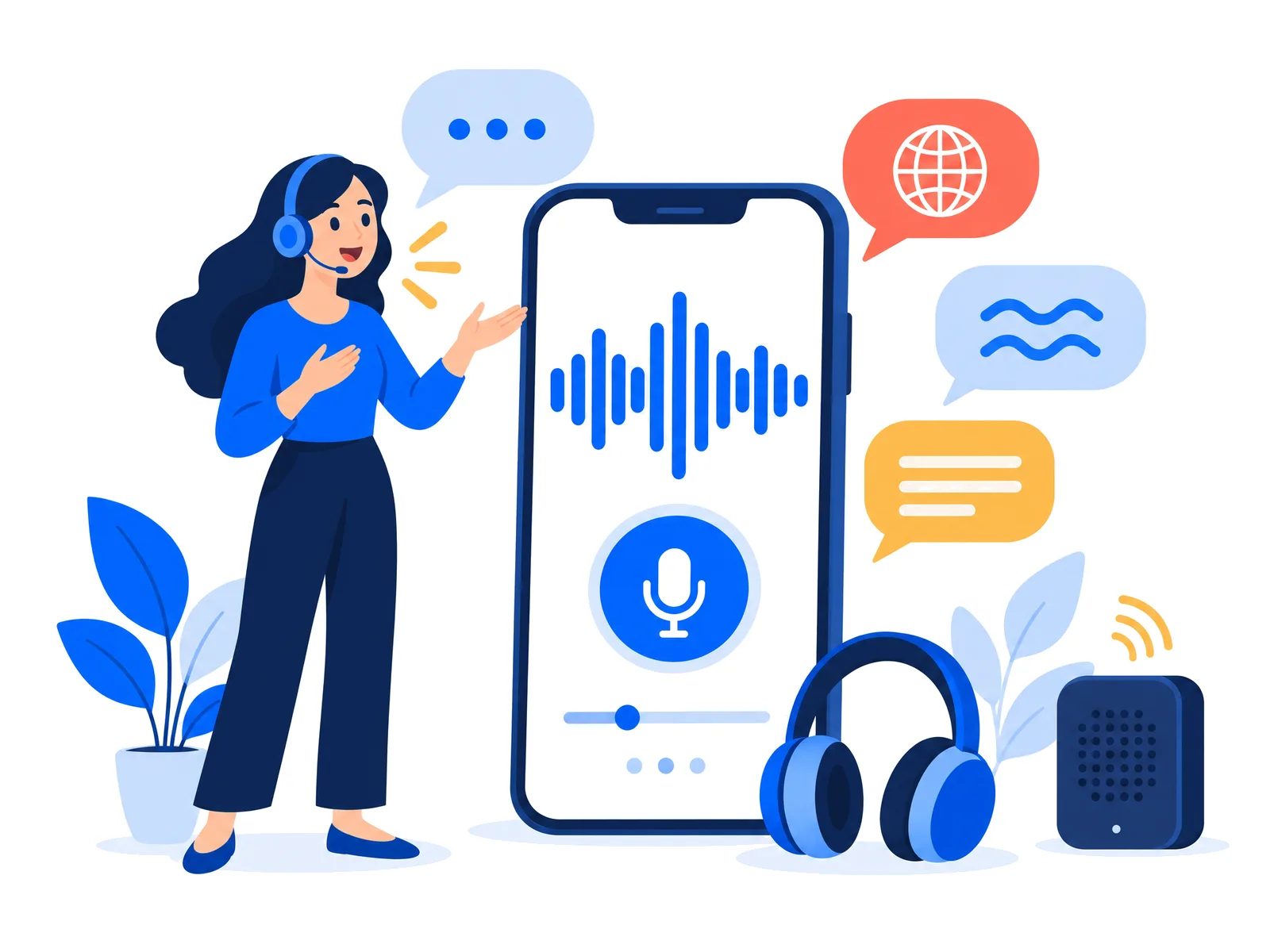 A woman speaking with a headset next to a phone showing a voice waveform