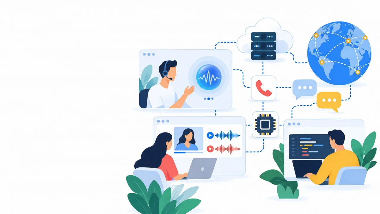 People using voice AI, video and code connected through cloud servers, calls, chat and a global network